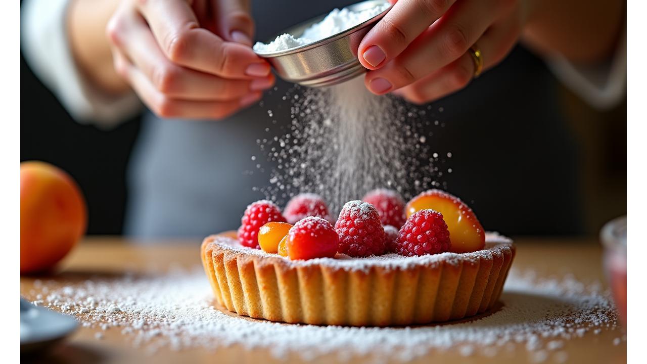 Main d'un pâtissier saupoudrant délicatement du sucre glace sur une tarte aux fruits fraîchement préparée, mettant en valeur la précision artisanale.