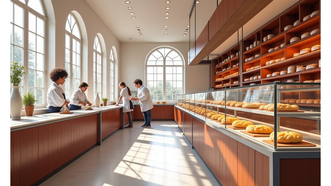 Vue panoramique d'un atelier de pâtisserie moderne et immaculé avec des chefs en pleine préparation, lumière naturelle abondante.