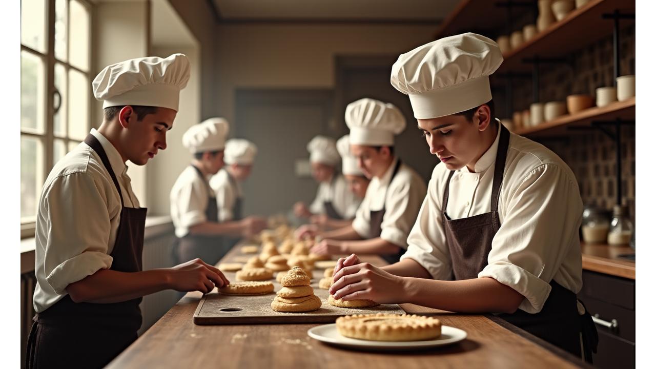 Ancienne photo de pâtissiers parisiens dans un atelier traditionnel au début du 20ème siècle, symbolisant l'héritage de Gourmandise Velours.