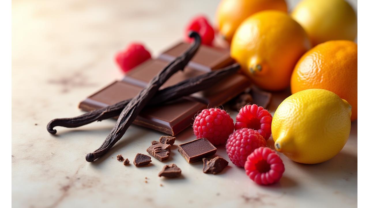 Gros plan sur des gousses de vanille de Madagascar, du chocolat noir de haute qualité et des fruits frais disposés artistiquement, symbolisant la qualité des ingrédients.