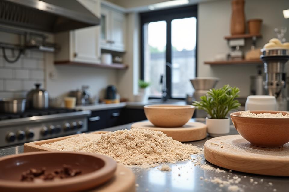 Intérieur d'un atelier de cuisine moderne et éclairé, avec des ustensiles de pâtisserie haut de gamme brillants sur des plans de travail en marbre.