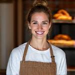 Portrait souriant de Sophie Leclerc, boulangère experte.