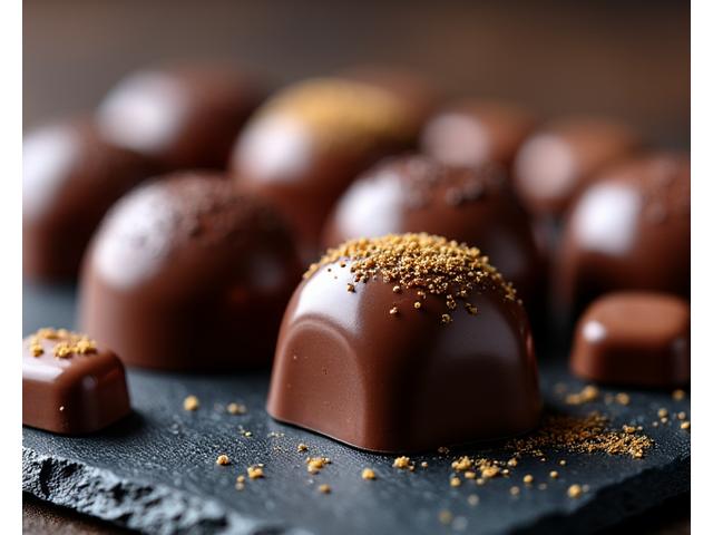 Des chocolats brillants de différentes formes dans une boîte élégante.