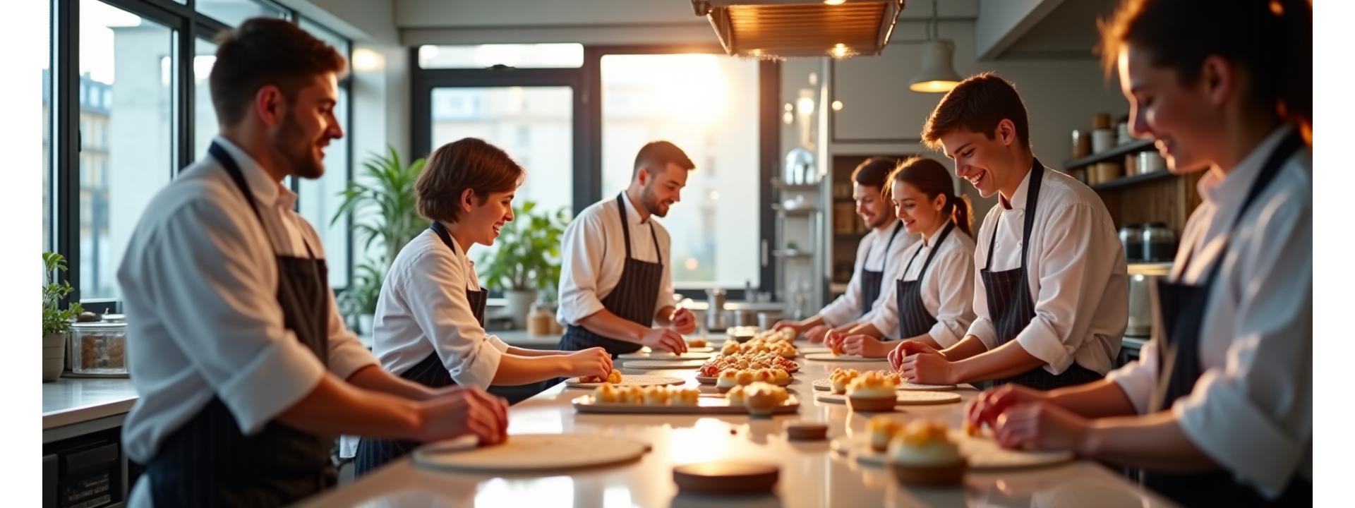 Vue panoramique d'un atelier de pâtisserie moderne et élégant avec des chefs et des participants souriants apprenant ensemble.