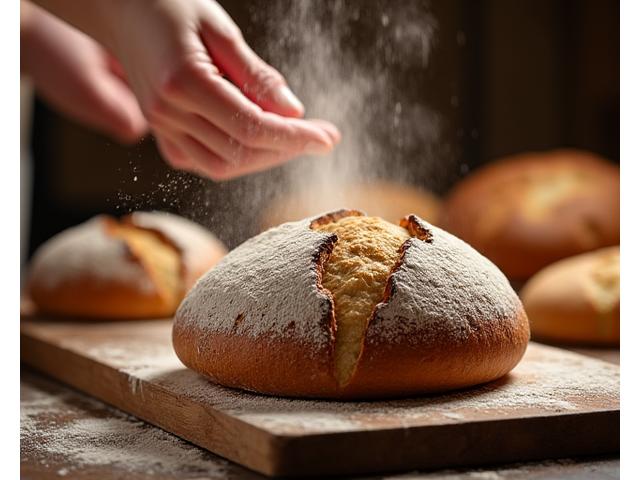 Un boulanger présentant fièrement des pains croustillants fraîchement sortis du four.