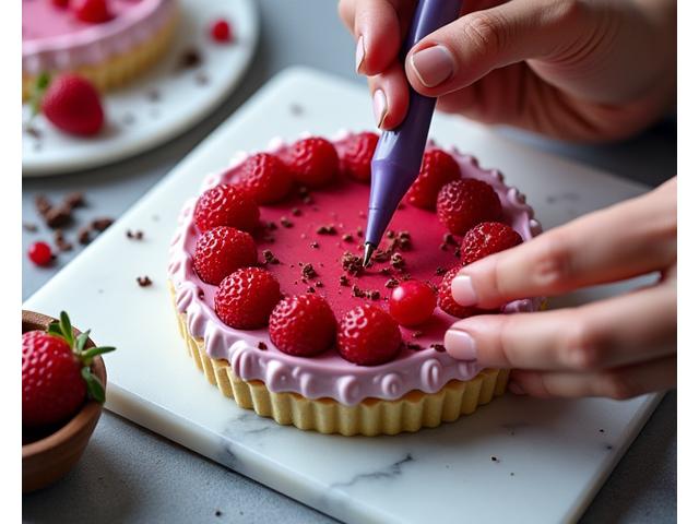Des mains décorant délicatement un entremets avec une poche à douille.