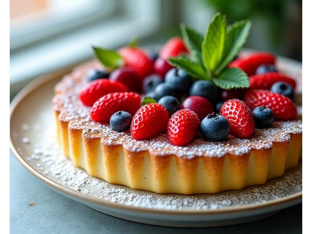 Un chef présentant une pâtisserie de saison colorée, garnie de fruits frais.