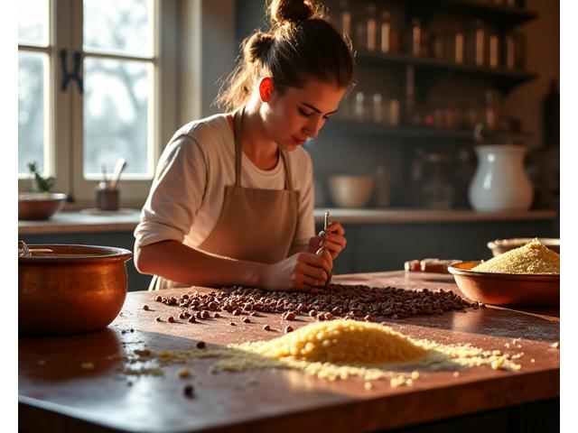 Un atelier de confiserie parisien traditionnel avec un artisan confectionnant des douceurs.