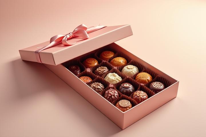 Un coffret de confiseries personnalisable avec différents chocolats et caramels visibles.