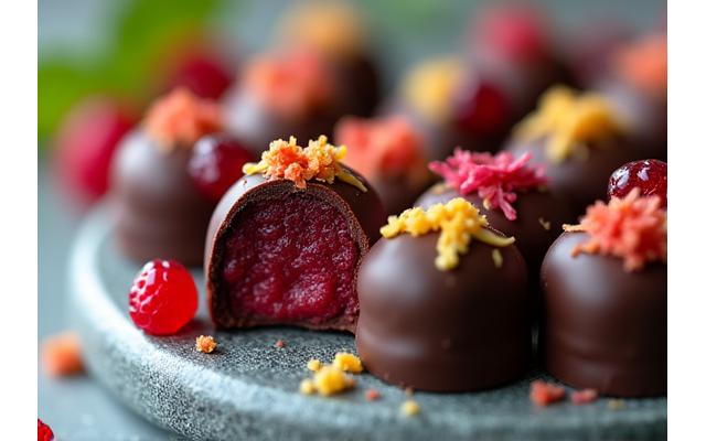 Mini-truffes au chocolat avec des fruits frais et des épices exotiques.