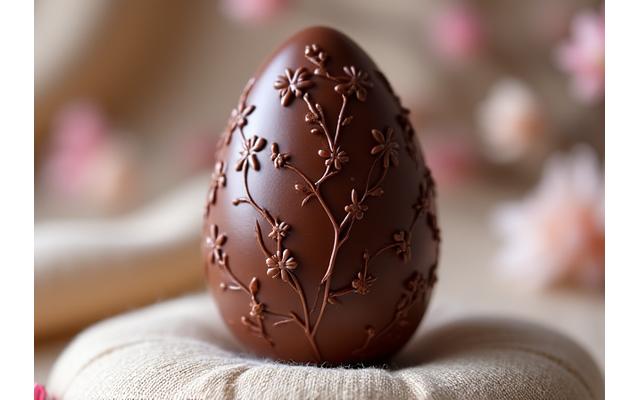 Chocolat de Pâques artisanal en forme d'œuf décoré.