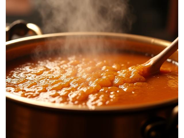 Mélange de caramel doré bouillonnant dans un grand chaudron de cuivre.
