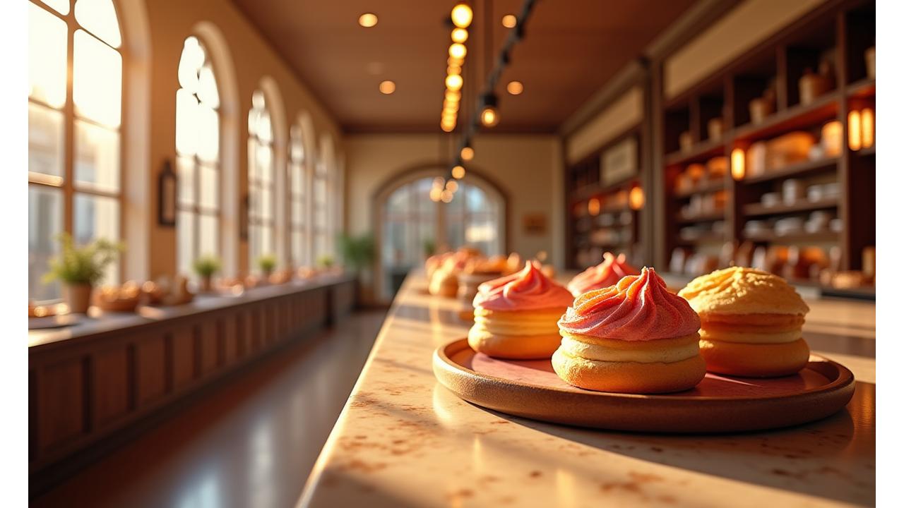 Intérieur chaleureux de la boutique Gourmandise Velours, avec des pâtisseries exposées et une lumière douce.