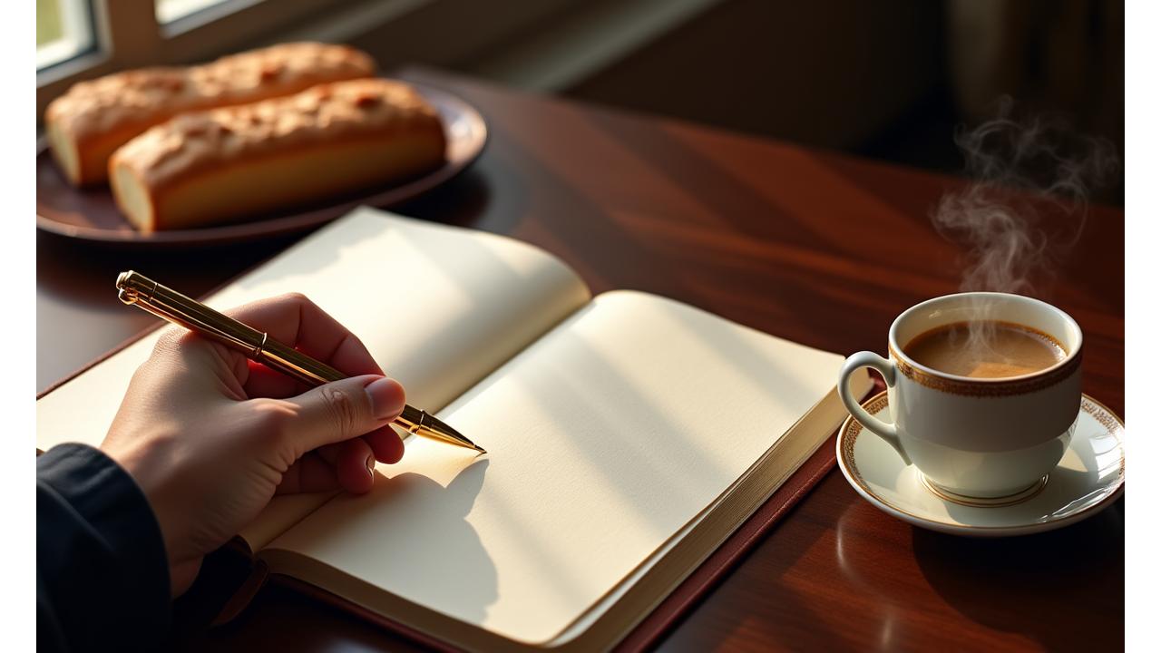 Une main élégante tenant un stylo devant un carnet ouvert et une tasse de café, symbolisant la communication et la prise de contact pour Gourmandise Velours.