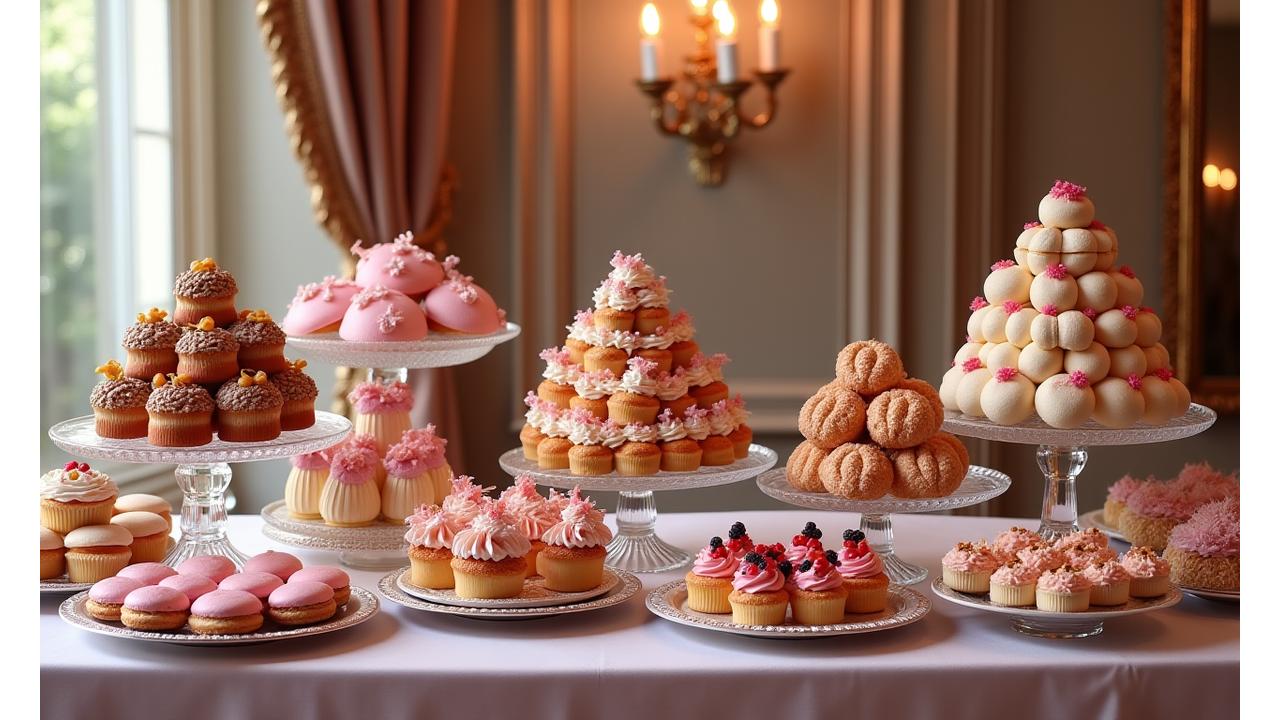 Tableau de desserts somptueux pour un anniversaire VIP, avec mille-feuilles, macarons et éclairs parfaitement présentés
