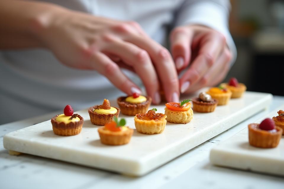 Chef pâtissier présentant un assortiment de mignardises et de créations sucrées raffinées, dans un atelier lumineux