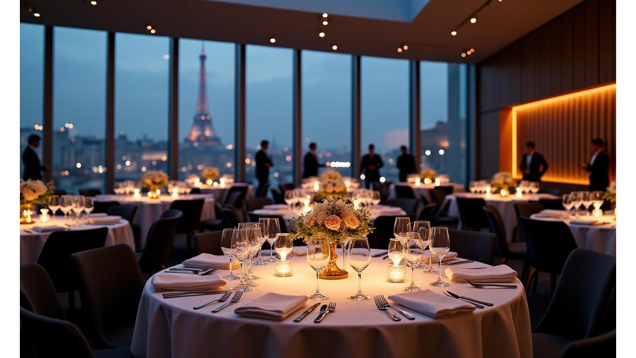 Dîner d'affaires sophistiqué dans un cadre moderne avec verrière, tables rondes et éclairage discret