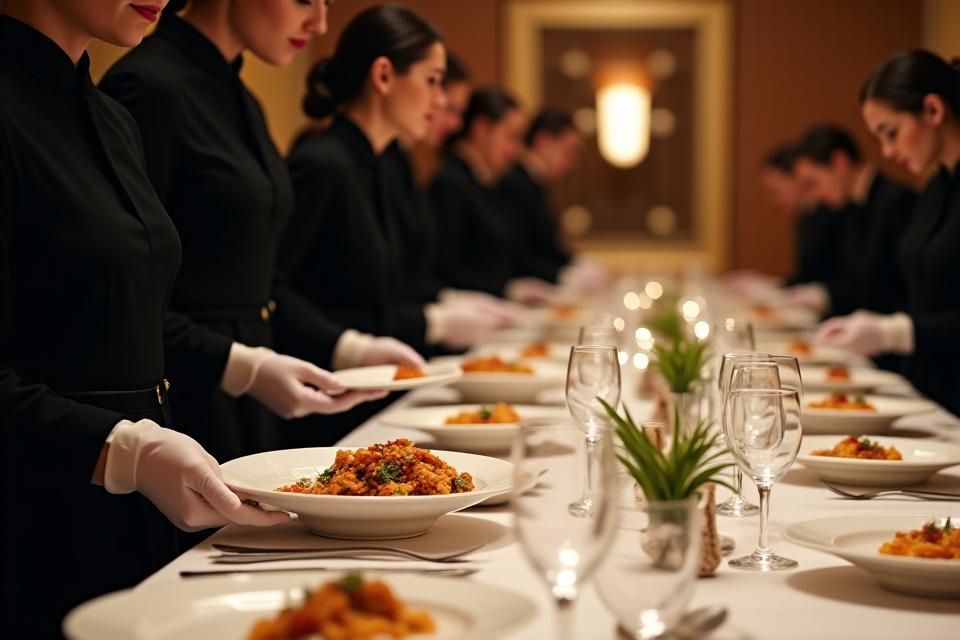 Équipe de serveurs professionnels en livrée noire, disposant des assiettes avec précision lors d'une réception élégante