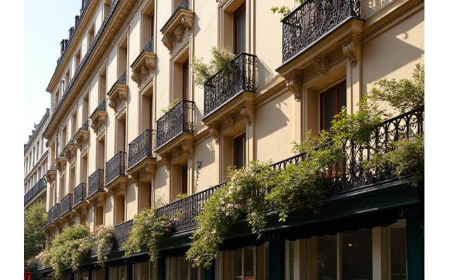 Façade d'un hôtel particulier parisien avec des volets élégants et des balcons en fer forgé