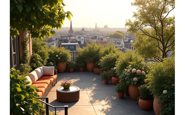 Magnifique terrasse parisienne ornée de fleurs et d'arbustes surplombant les toits de Paris