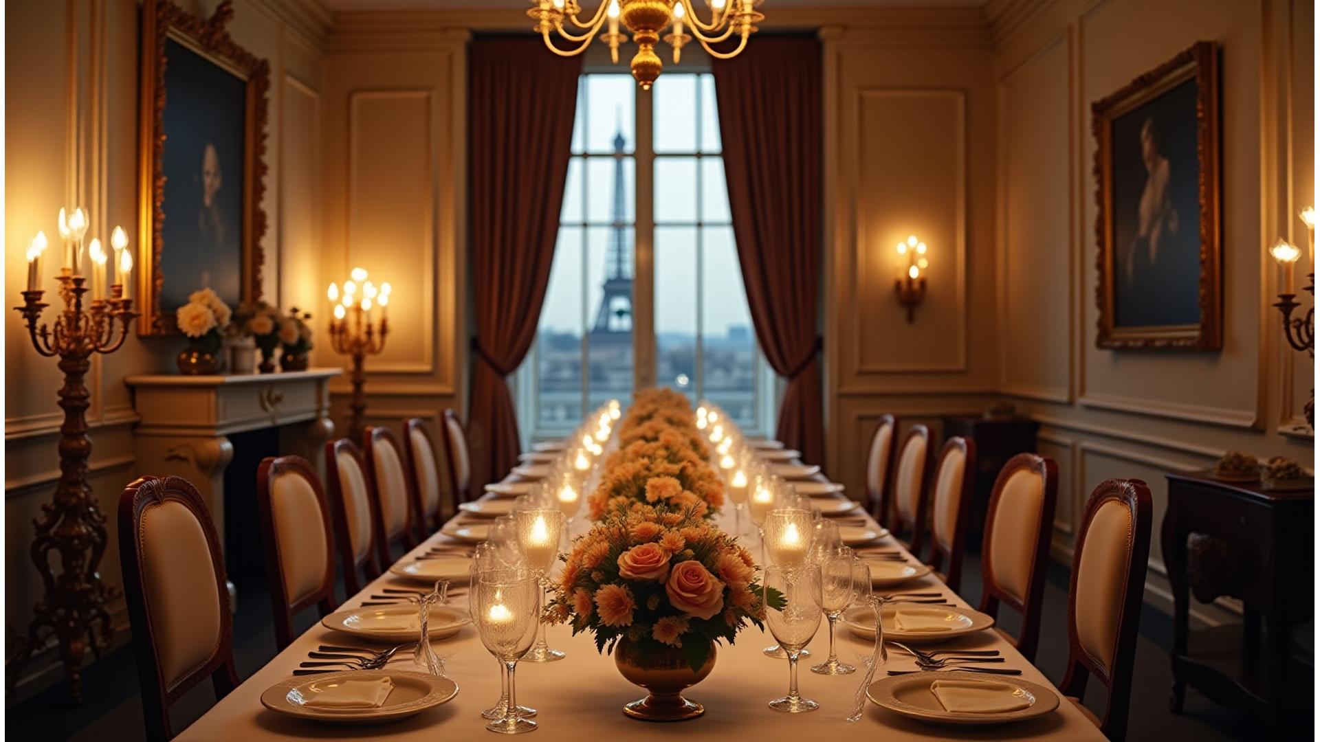 Un somptueux dîner événementiel privé dans un salon haussmannien parisien, table dressée avec finesse, lumière chaude et élégante