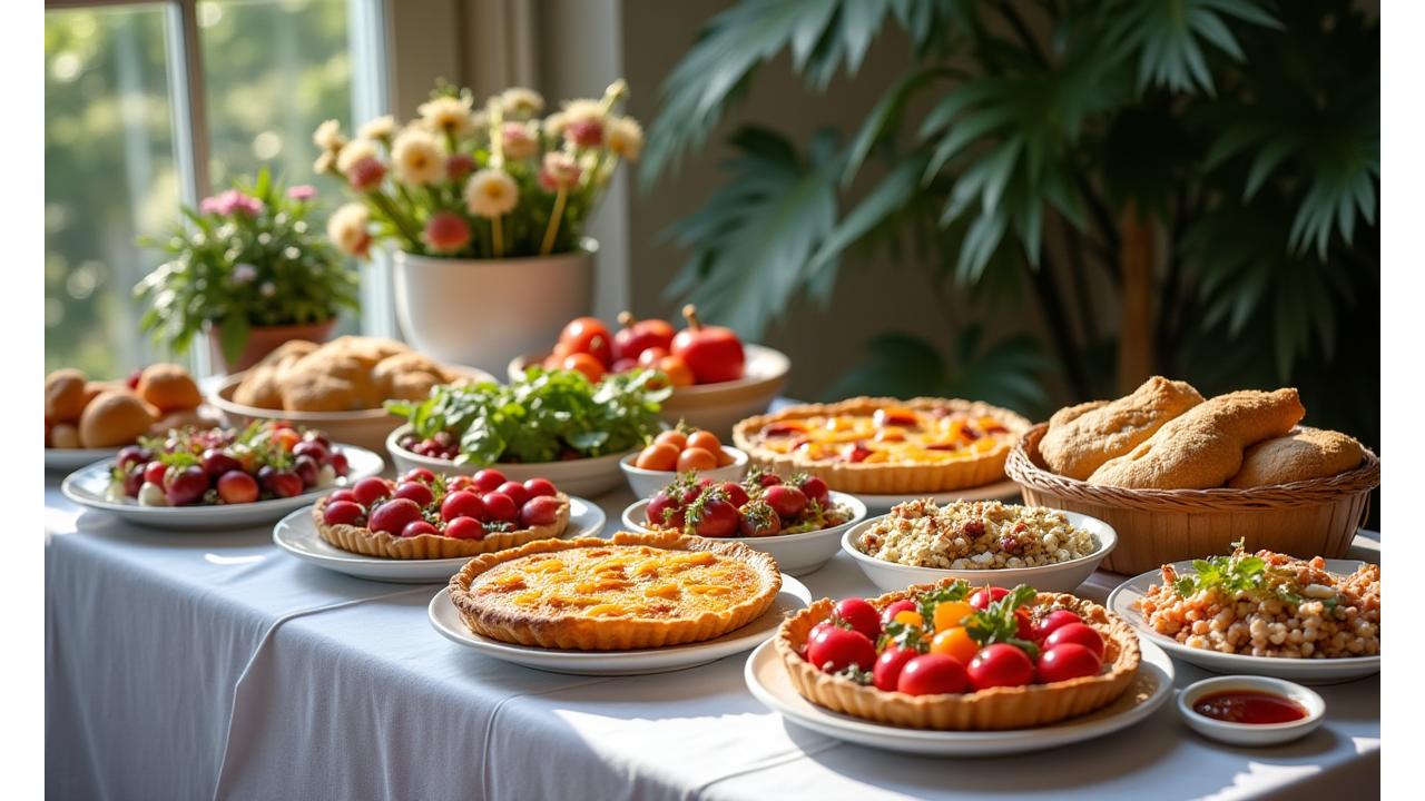 Buffet de brunch raffiné pour une réception familiale, avec quiches, salades fraîches et viennoiseries disposées artistiquement