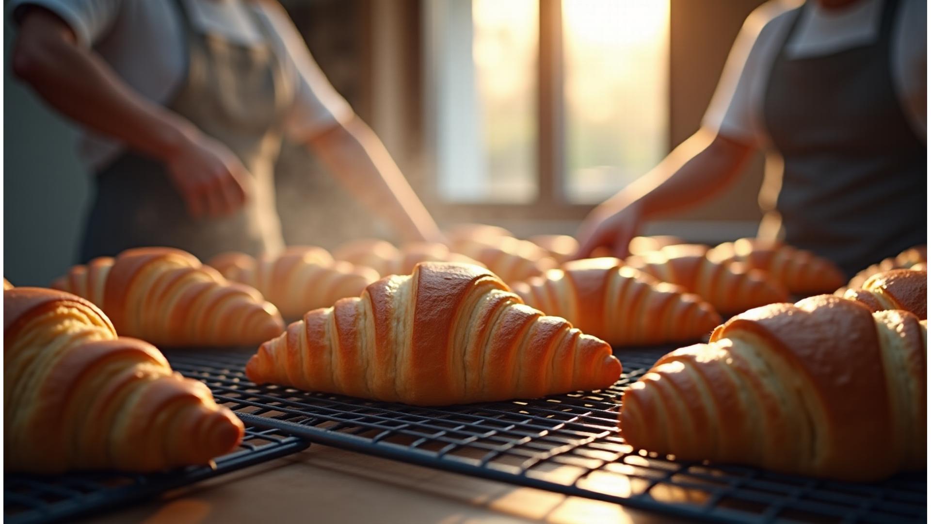 Pâtissier disposant des croissants dorés et croustillants sur une grille de refroidissement dans une boulangerie artisanale.