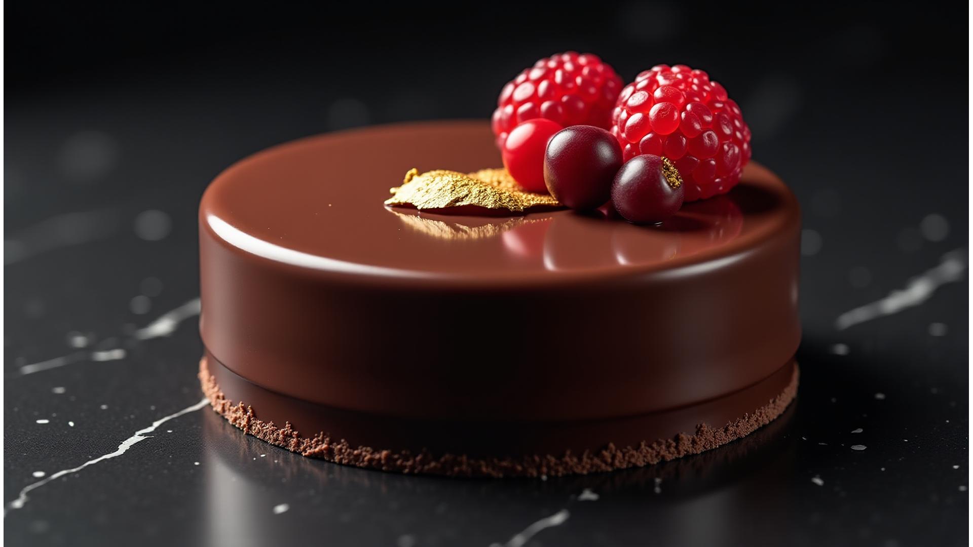 Un entremet au chocolat brillant décoré de fruits rouges frais, posé élégamment sur une table en marbre.
