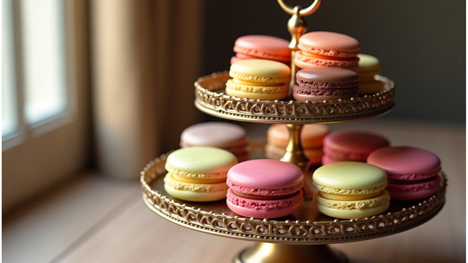Assortiment de macarons colorés et raffinés sur un présentoir doré, éclairés par une douce lumière.