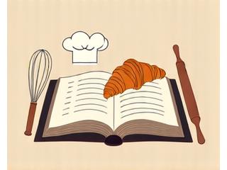 Illustration d'un livre de recettes ouvert avec des ustensiles de pâtisserie.