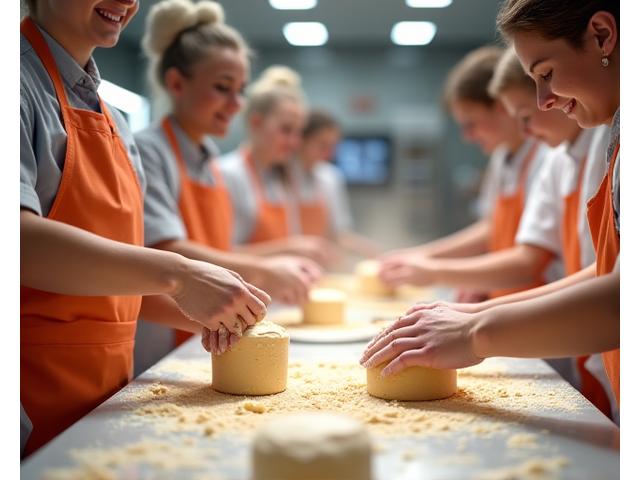 Groupe de personnes souriantes participant à un atelier de pâtisserie, mélangeant des ingrédients dans un bol.