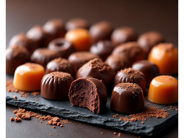 Assortiment de chocolats artisanaux brillants et de caramels au beurre salé, présentés dans une boîte élégante.