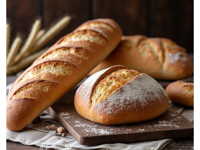 Divers pains artisanaux à croûte dorée, avec mie alvéolée et farine saupoudrée, sur des planches en bois.