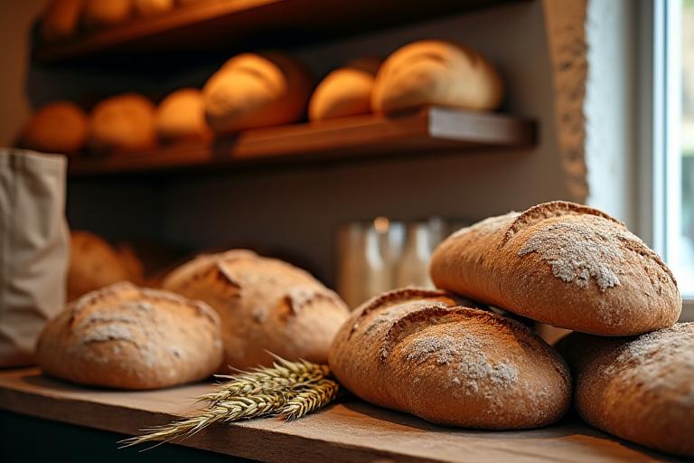 Boulangerie artisanale avec des miches de pain bio frais et des épis de blé sur un comptoir en bois.