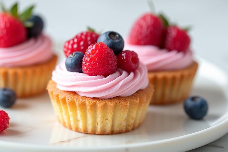 Délicieux gâteaux individuels sans gluten décorés de baies, sur une assiette blanche.
