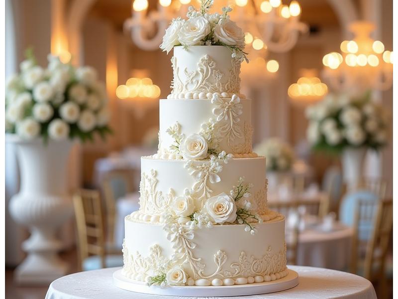 Grande pièce montée de mariage à plusieurs étages, élégamment décorée de fleurs blanches et d'or.