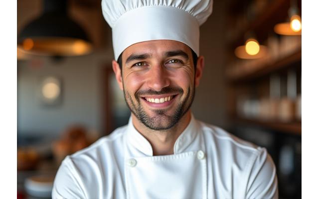 Portrait d'un chef pâtissier souriant, toqué et veste blanche.