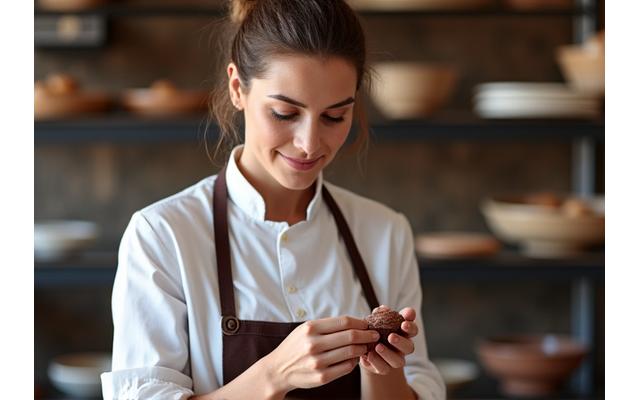 Portrait d'un confiseur souriant inspectant des chocolats.