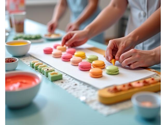 Mains préparant des macarons lors d'un atelier, avec des ingrédients colorés.