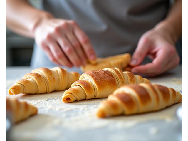 Pâtissier montrant comment plier la pâte pour les croissants lors d'un atelier.