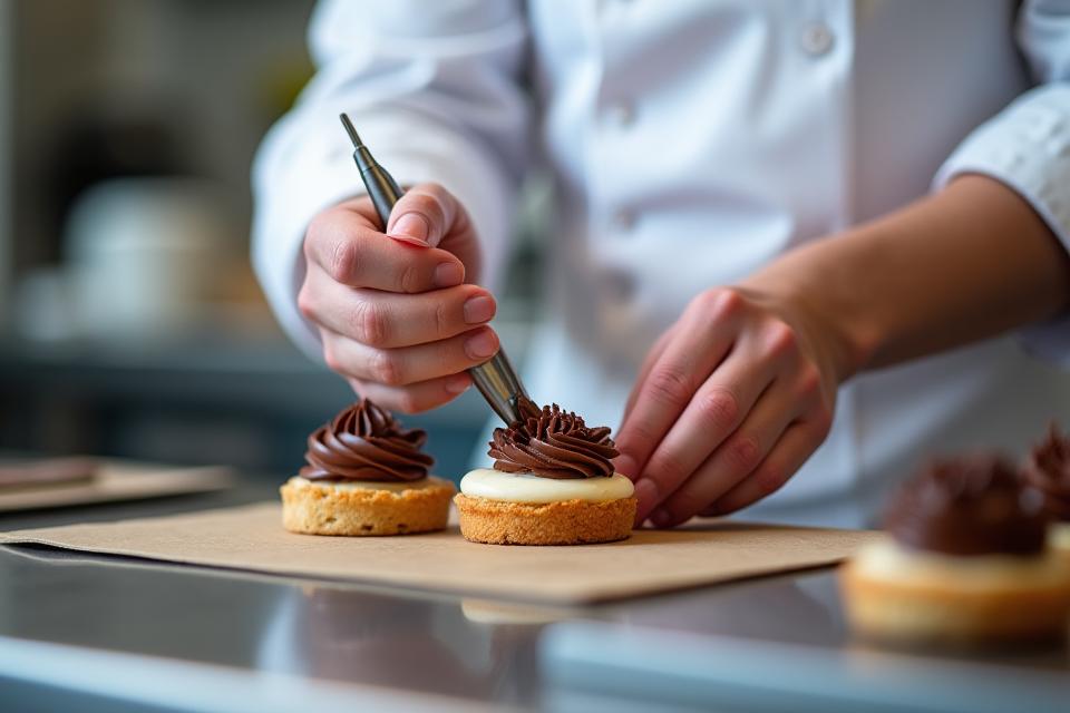 Un chef pâtissier décorant minutieusement une pâtisserie avec une poche à douille.