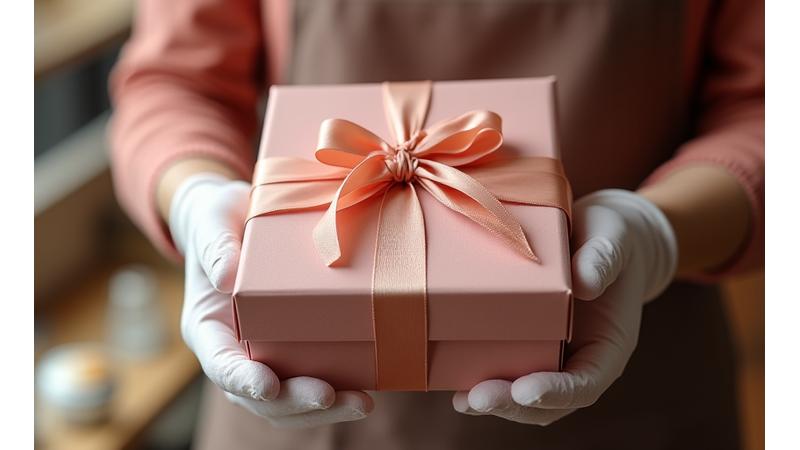 Boîte à gâteau élégante prête à être livrée, avec le logo de la pâtisserie.