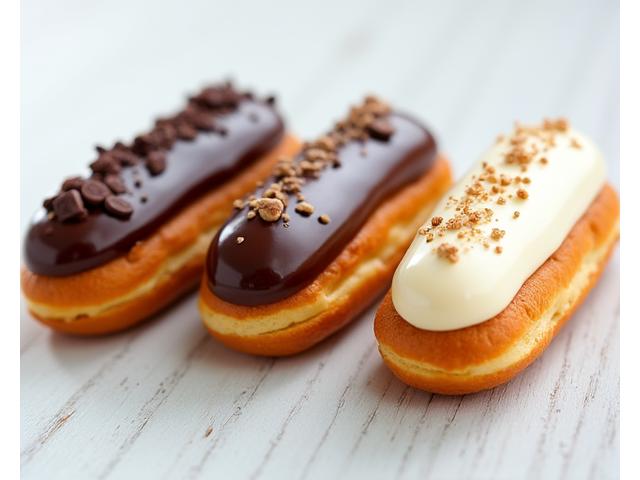 Éclairs au chocolat et café, impeccablement glacés et décorés.