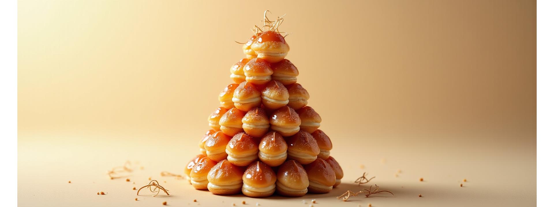 Pyramide de choux à la crème, ornés de caramel et de finitions délicates.
