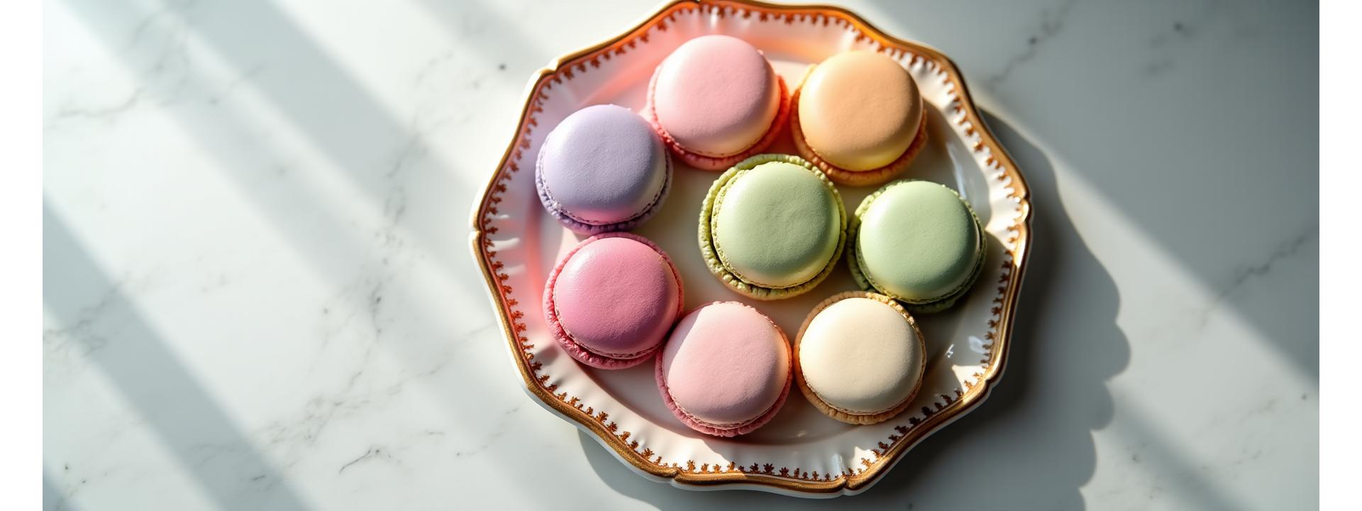 Assortiment de macarons de couleur pastel délicatement présentés sur un plateau en or.