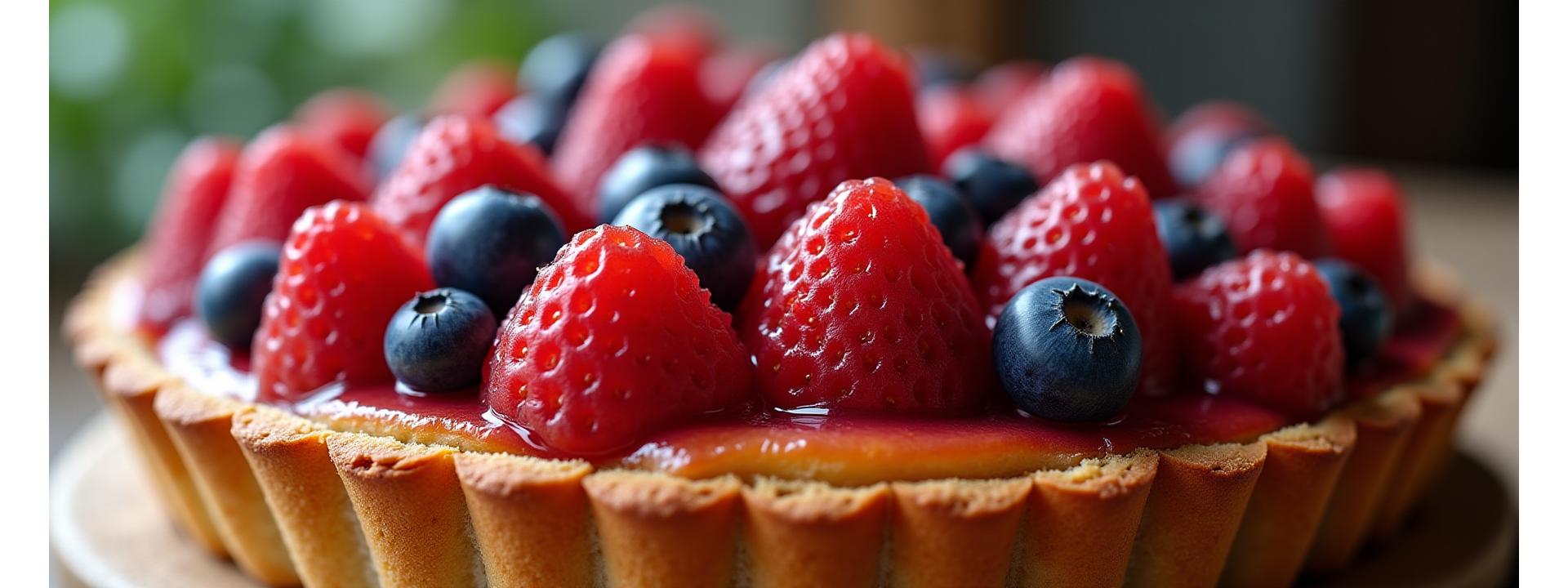 Tarte aux fruits rouges fraîchement sortie du four, avec une pâte dorée et des baies brillantes.