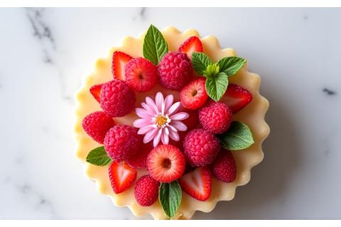 Pâtisseries printanières colorées avec des fruits frais et des fleurs comestibles.