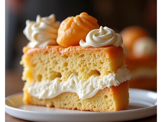 Détail d'un Saint-Honoré élégant avec des choux caramélisés et de la crème Chantilly.
