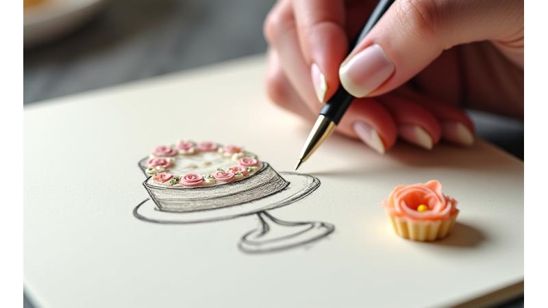 Main d'artiste dessinant un croquis de gâteau avec des détails élaborés.