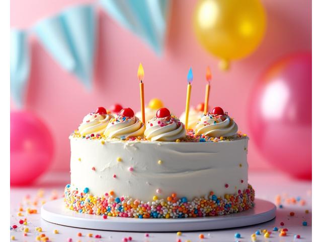 Gâteau d'anniversaire coloré et joyeux, décoré de motifs ludiques et d'un glaçage impeccable, avec des bougies allumées.